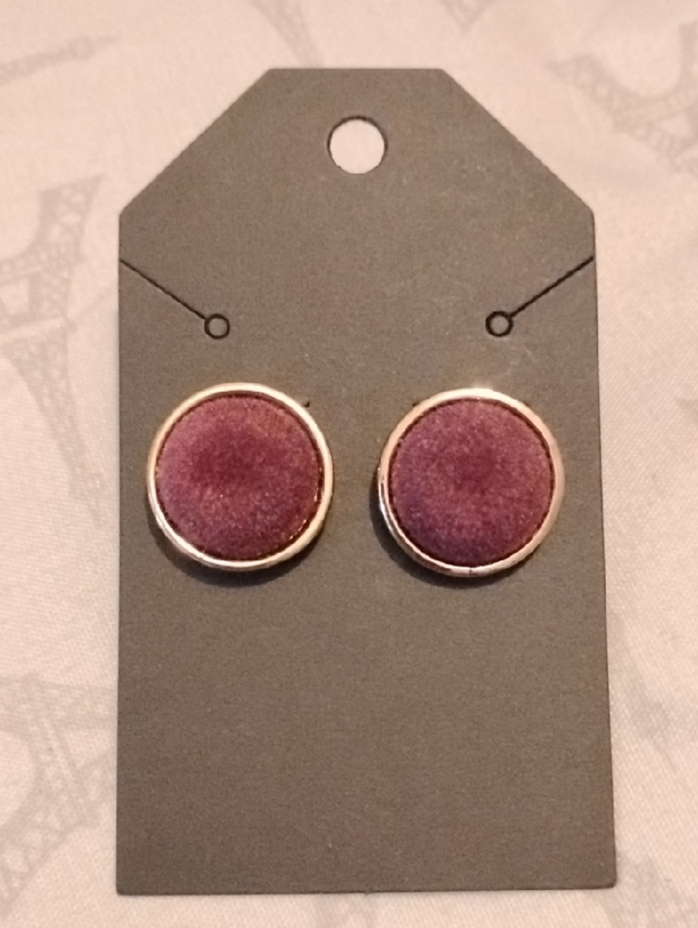 Plush Velvet Round Stud Earrings in Plum Fashion Jewelry .5 Inch Diameter